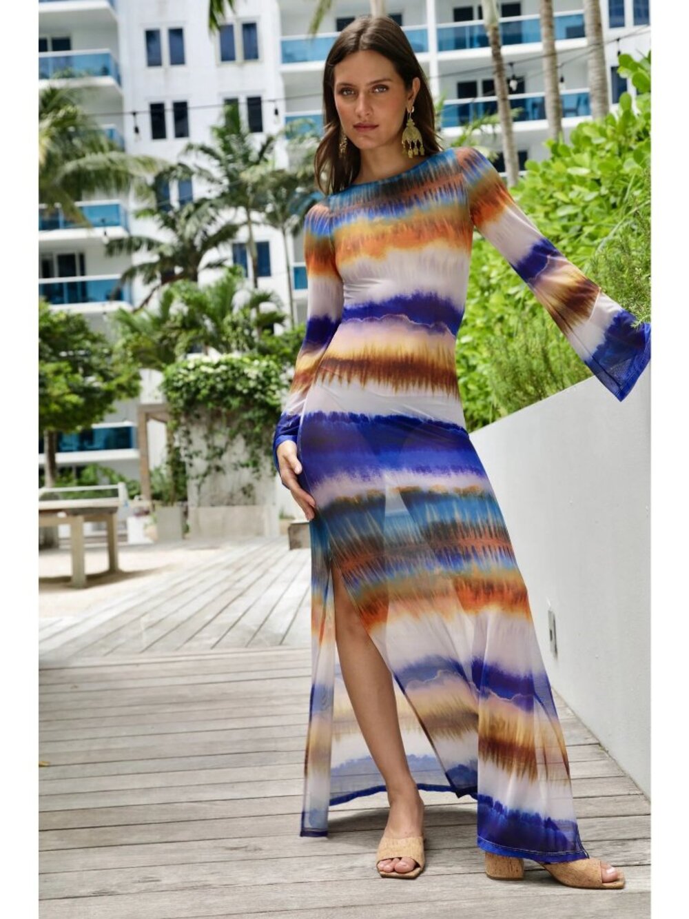 Nightcap Size XS Printed Mesh Maxi Coverup Dress Playa Stripe Long Sleeve Resort
